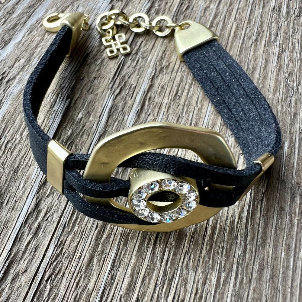 SALE!  Black Faux Leather Bracelet with Gold Ring Design